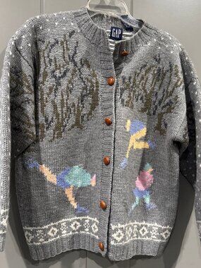 VTG 90s GAP Womens Heavy Hand Knit Cardigan S Chunky Ice Skater Pattern Wool EXC